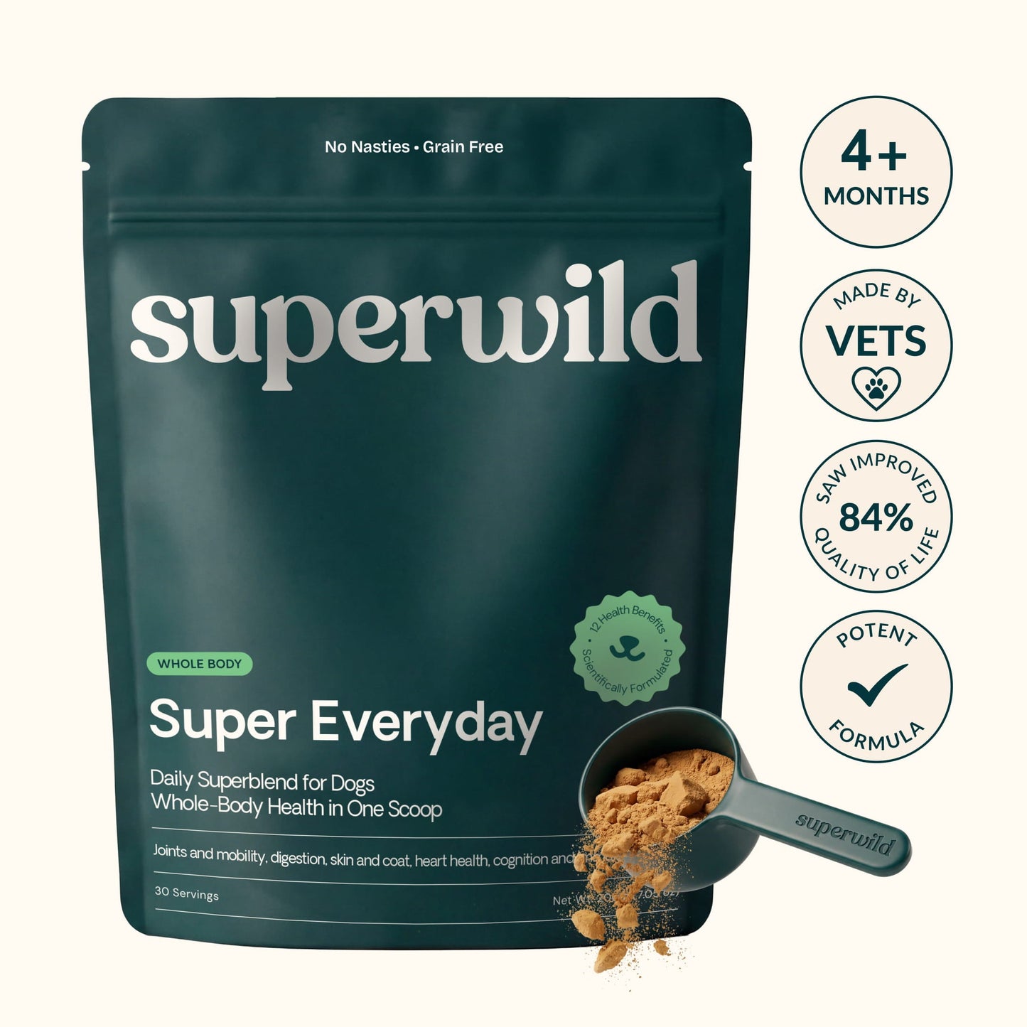 A dark teal stand-up pouch of superwild Super Everyday dog supplement powder, shown on a light beige background with circular callout badges reading 3+ Months, Made by Vets, 84% Quality of Life Improved, and Potent Formula. A scoop of the brown powder is shown in front of the pouch.