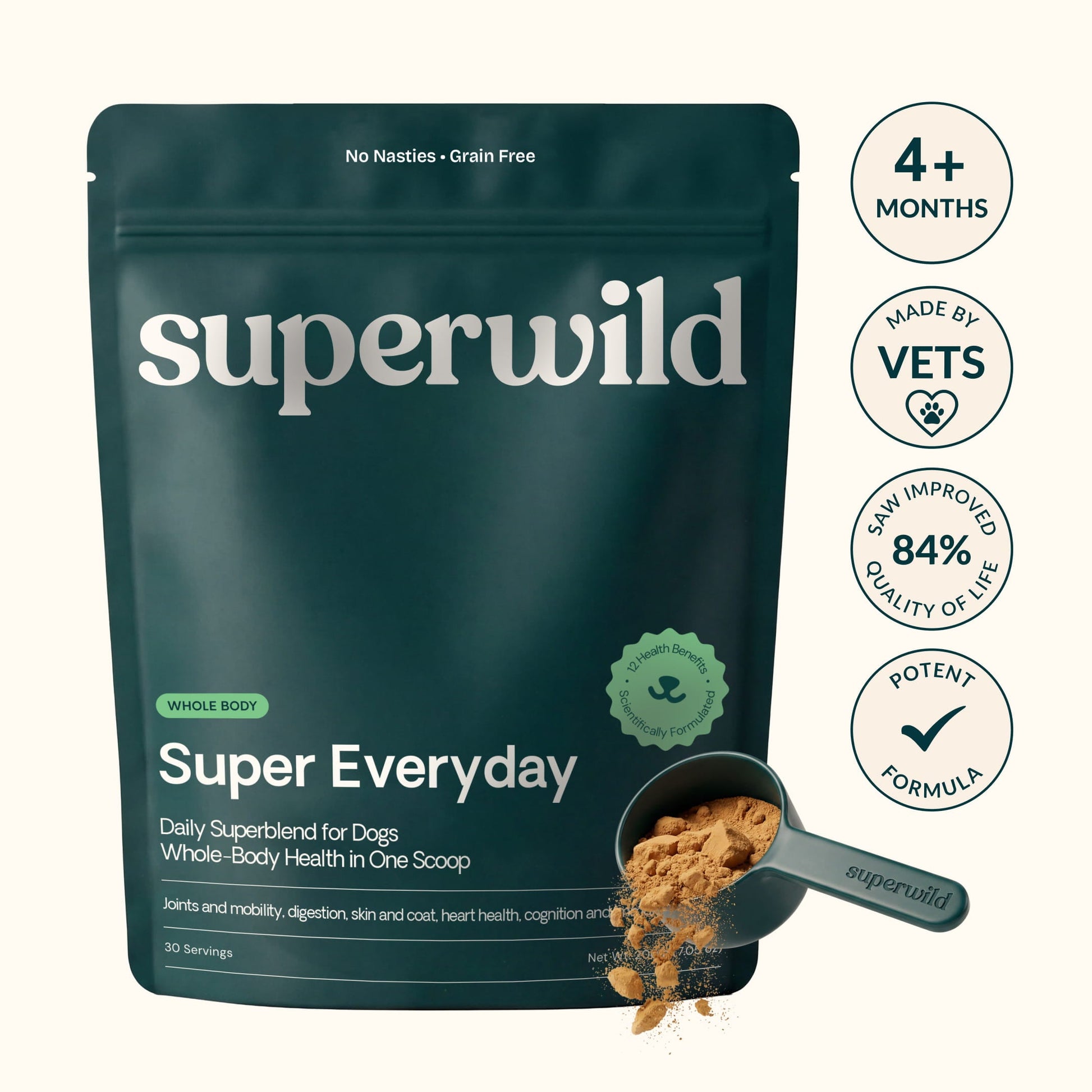 A dark teal stand-up pouch of superwild Super Everyday dog supplement powder, shown on a light beige background with circular callout badges reading 3+ Months, Made by Vets, 84% Quality of Life Improved, and Potent Formula. A scoop of the brown powder is shown in front of the pouch.