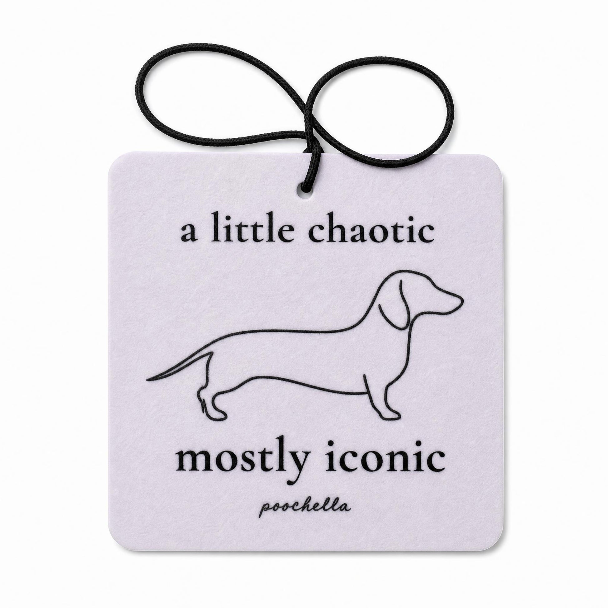 Square car freshener with dachshund illustration and text on a white background