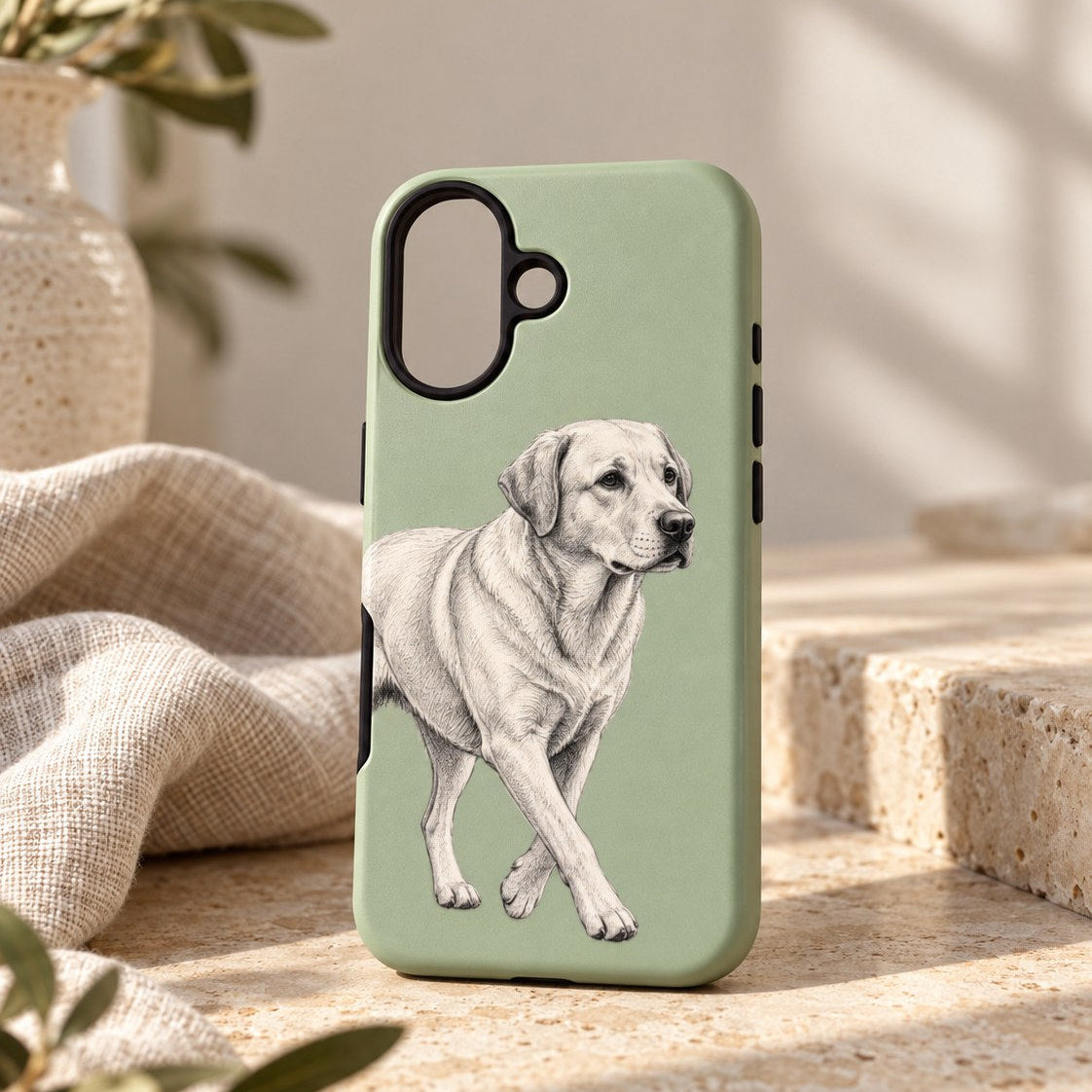 A sage green phone case featuring a detailed sketch of a yellow Labrador Retriever, displayed on a stone ledge with a beige linen cloth and a potted plant in the background.