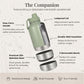 An infographic-style product feature graphic for a reusable water bottle labeled 'The Companion.' The bottle is shown in a muted sage green color with a silver metal rim, and the image includes callout text describing features such as an easy-carry handle, leakproof lid, double-wall insulation, premium 304 stainless steel, and two removable bowls.