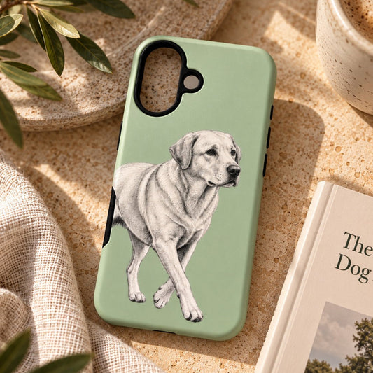 A sage green phone case featuring a detailed black and white sketch of a Labrador Retriever, displayed in a styled flat-lay setting on a textured beige surface with a book, mug, and green leaves.