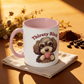 Mug with a dog illustration and 'Thirsty Bitch' text on a wooden surface with coffee beans and flowers.