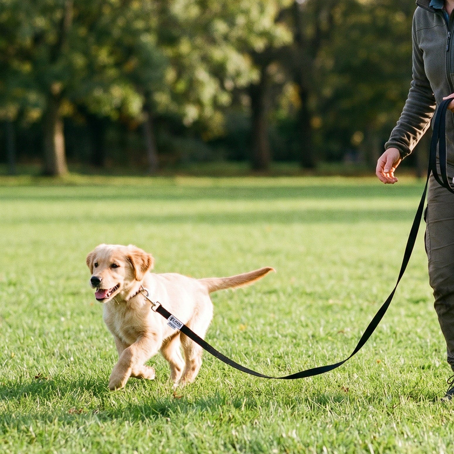 puppy in a  field attached to black longline training lead