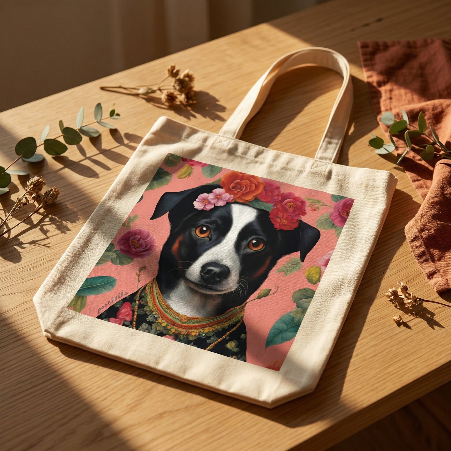 Tote bag with a dog illustration on a wooden surface