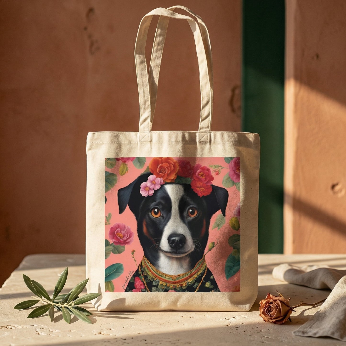 Tote bag with a dog illustration on a stone surface with flowers.