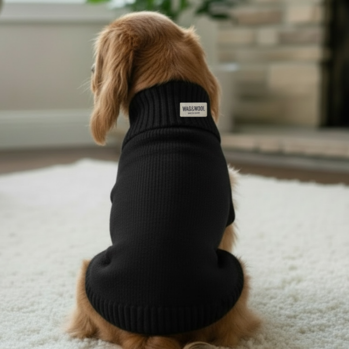 Dog wearing a black sweater with a brand label in a living room setting.