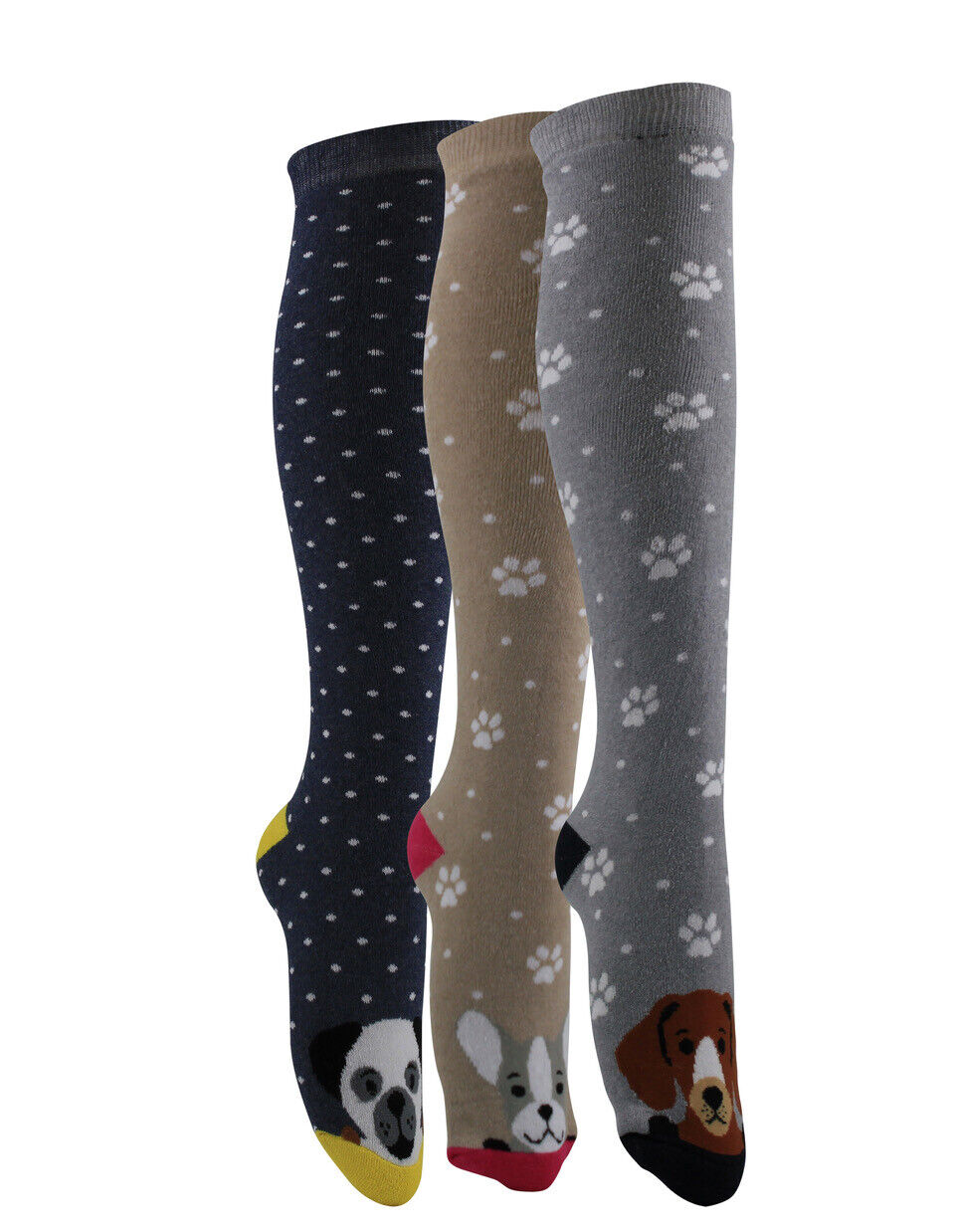 Three pairs of knee-high socks with dog and paw print patterns on a white background.