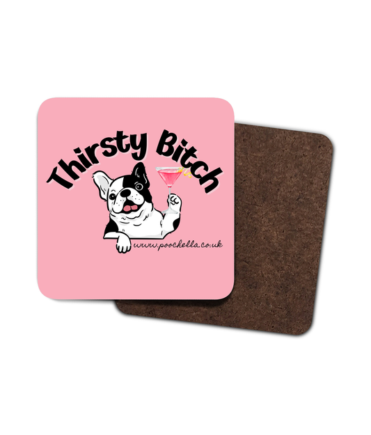 Poochella®️ Thirsty Bitch French Bulldog Wood Square Single Coaster Pink