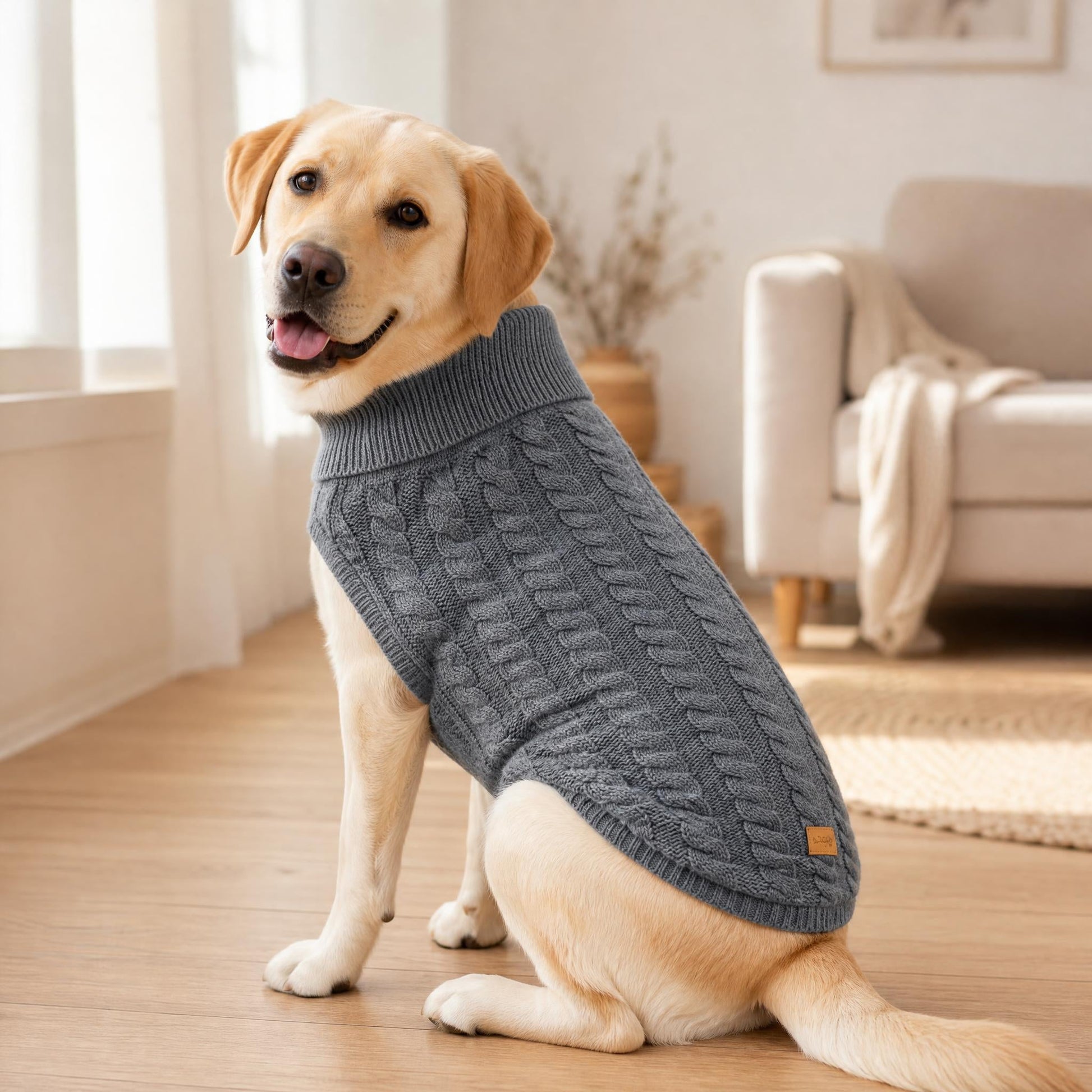 Canine & Co Cable Knit Rascal Dog Jumper – Grey | Roll Neck Dog Sweater | Warm Dog Clothing UK - Poochella®