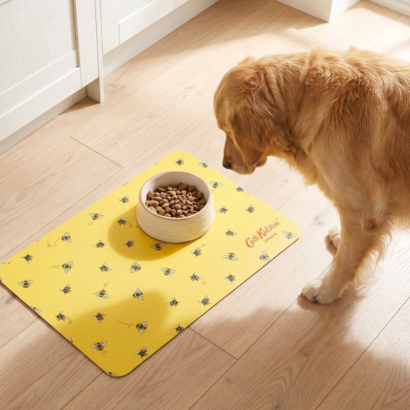 Dog standing on a yellow mat with a bowl of food in a kitchen.