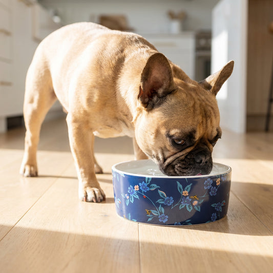 Dog drinking from a floral-patterned blue bowl on a wooden floor.