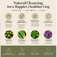 An informational graphic for a dog cleansing product, titled 'Natural Cleansing for a Happier, Healthier Dog,' with icons and text describing benefits such as gentle cleansing, natural ingredients, refreshing scent, and suitability for regular use. It includes photos of neem oil, citronella, peppermint, and lavender, plus a green footer with hand-made and natural claims.