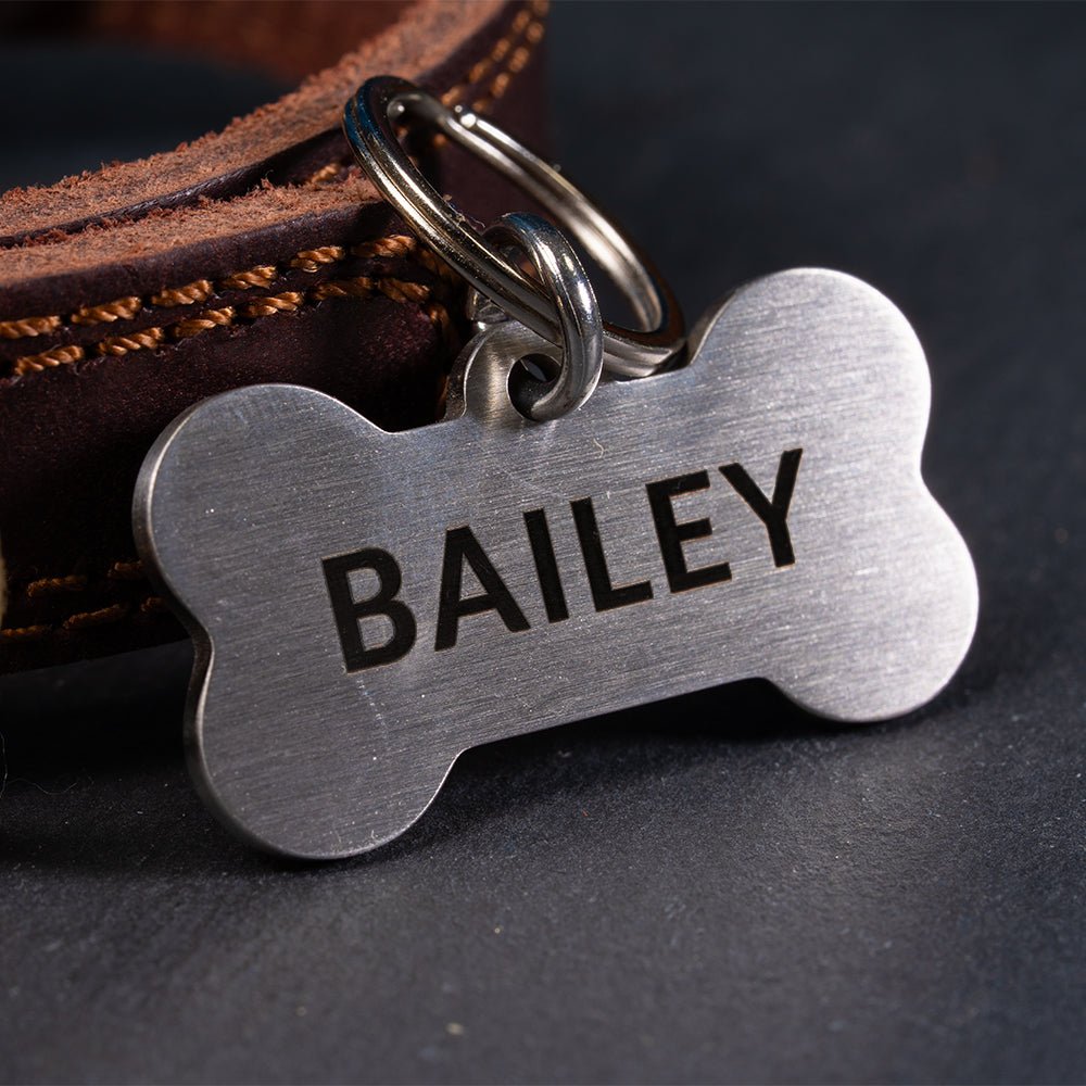Custom Personalised Engraved Bone Shape Pet Dog ID Tag Brushed Brass or Stainless Steel - Poochella®