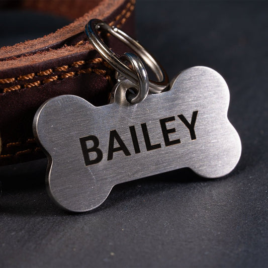 Custom Personalised Engraved Bone Shape Pet Dog ID Tag Brushed Brass or Stainless Steel - Poochella®