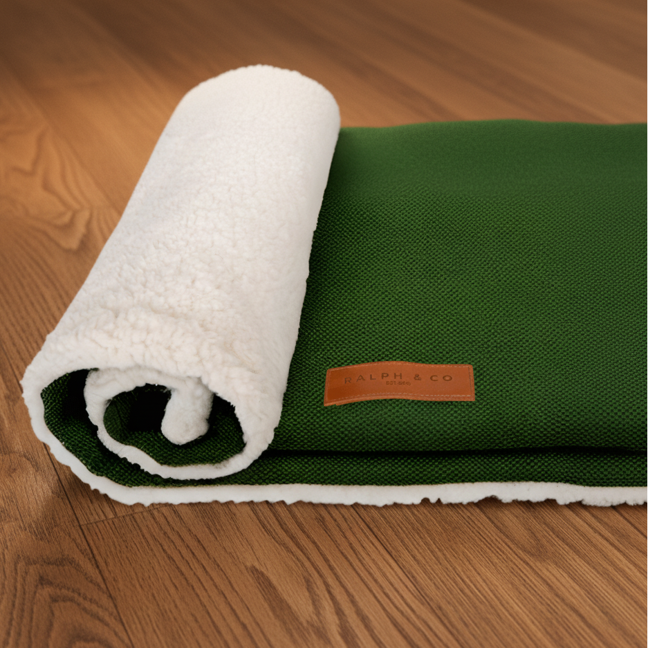 Green and white textured blanket with a brand label on a wood background