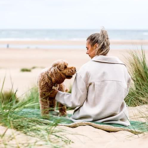 Woman sitting on a blanket with a dog on a sandy beach