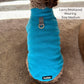 Dog wearing a blue sweater with a brand logo on a carpeted floor