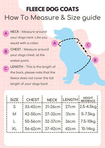 Fleece dog coat size guide with measurement instructions and chart on a pink background