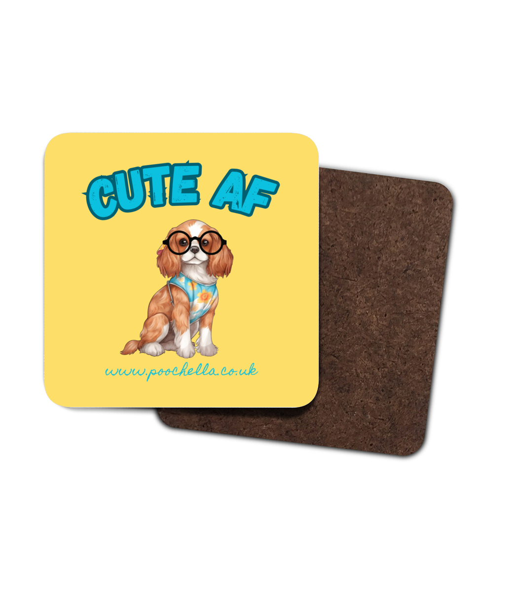 Poochella®️ Pack of 4 Cute AF King Charles Cavalier Wood Square Coasters Yellow