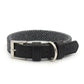 A black leather dog collar with a silver-tone buckle, a silver-tone D-ring, and a black and gray herringbone patterned fabric inner lining. The brand name 'R&C' is embossed on the leather keeper.