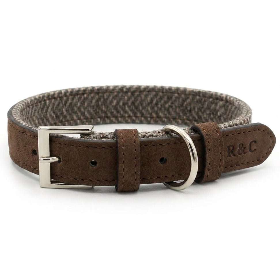 A brown leather dog collar with a textured brown and gray woven inner lining, a silver-tone metal buckle, and a silver-tone metal D-ring. The brand name 'R&C' is embossed on the leather tip.