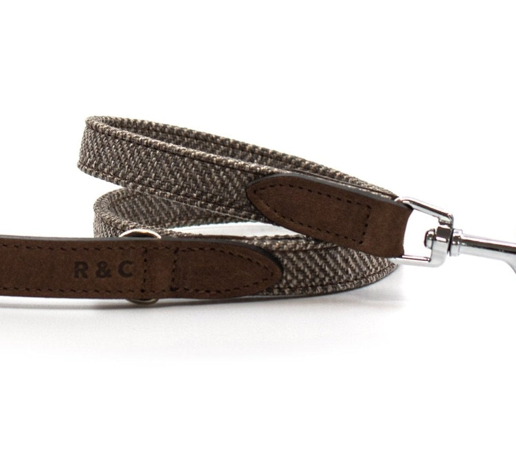 Brown dog leash with metal clip on a white background