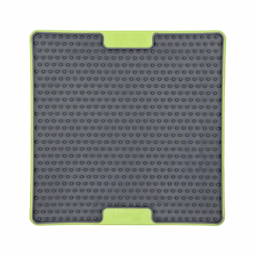 Gray and green lick mat for dogs with a white background