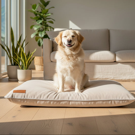 Beige pink dog mattress with a brown label on a white background