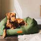Dog lying on a green dog bed in a home setting