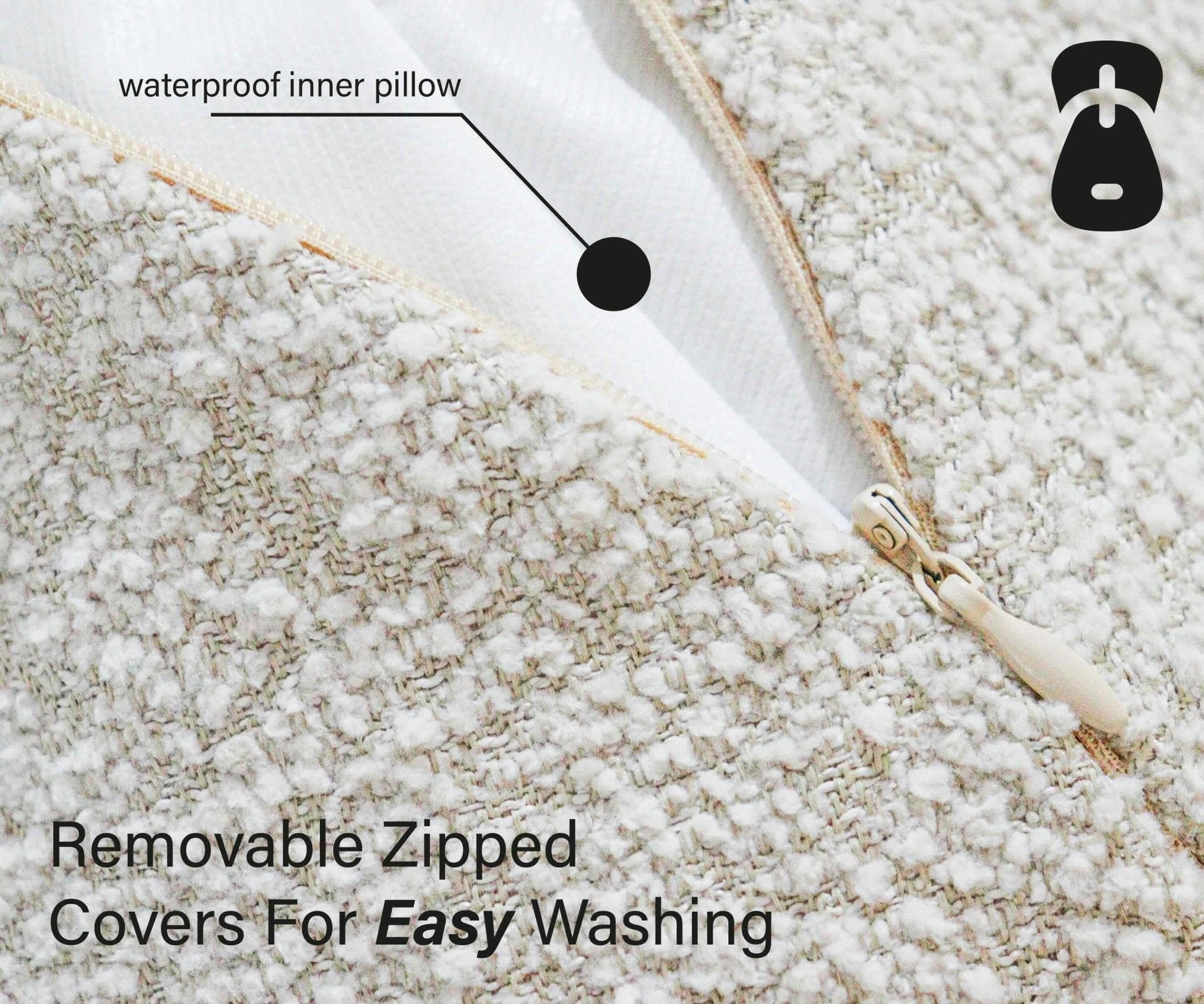Close-up of a textured dog bed with a zipper and text indicating waterproof inner pillow and removable zipped covers for easy washing.