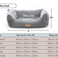 Gray pet nest bed with dimensions and sleep area details on a white background