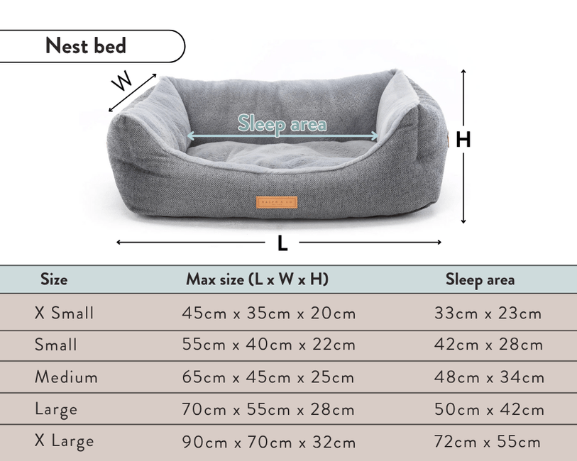Gray pet nest bed with dimensions and sleep area details on a white background