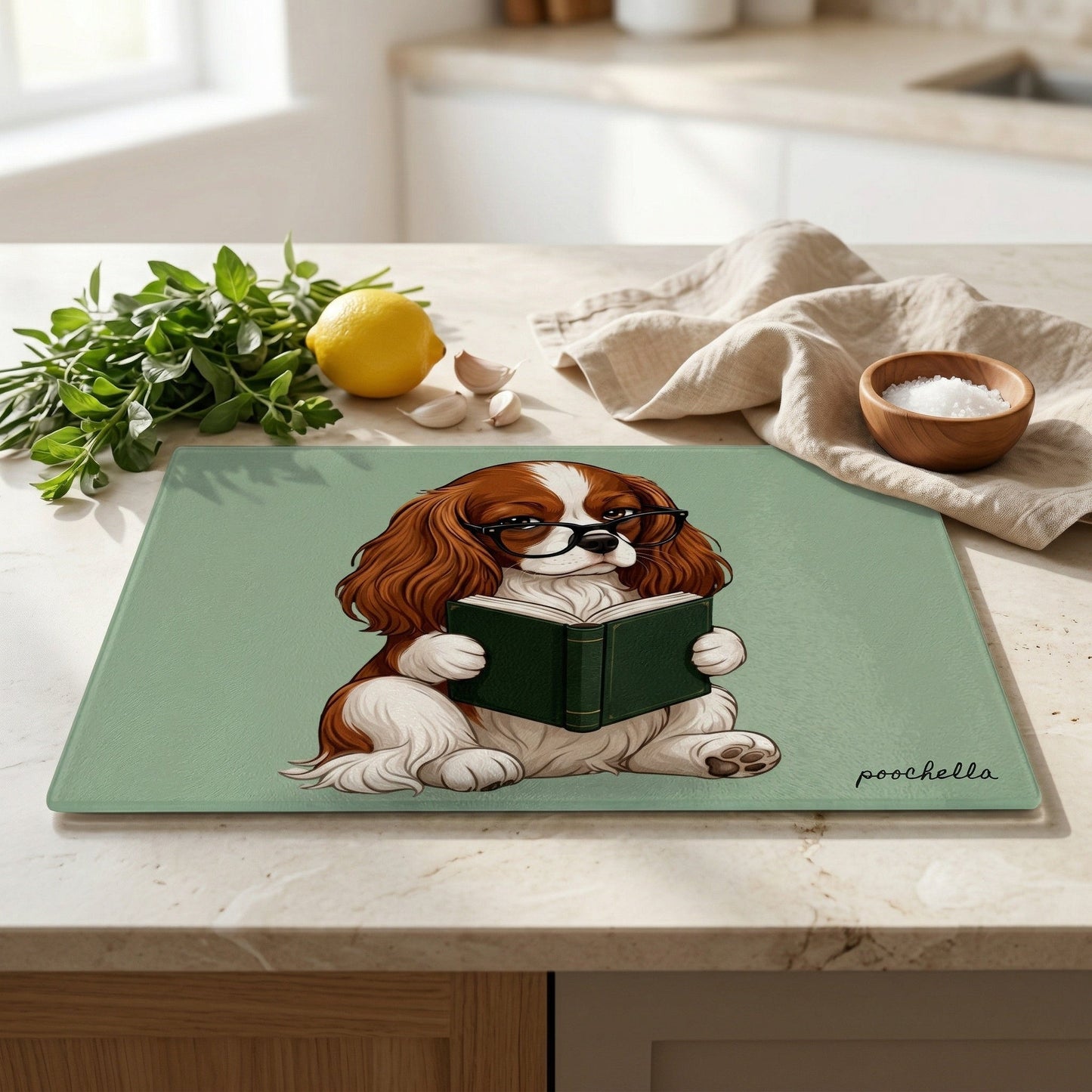 One More Chapter Tempered Glass Chopping Board | King Charles Spaniel | Book Lover Kitchen Decor | Poochella - Poochella®