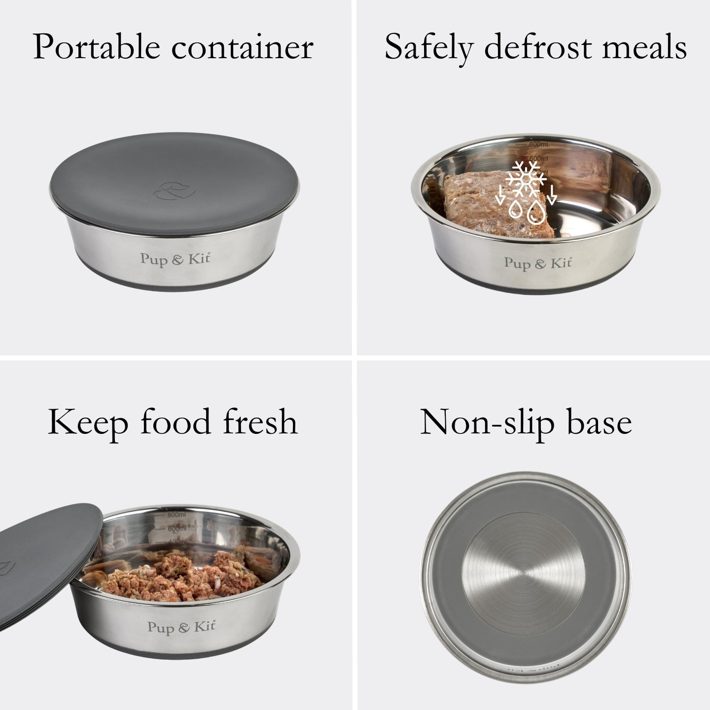 Pup & Kit Lid-It Stay Fresh Dog Bowl | Grey Stainless Steel Pet Bowl | Airtight Lid Travel Dog Bowl - Poochella®