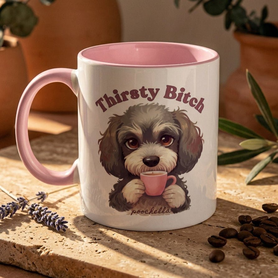 Thirsty Bitch Two-Tone Cockapoo Pink Ceramic Mug | Poochella® - Poochella®