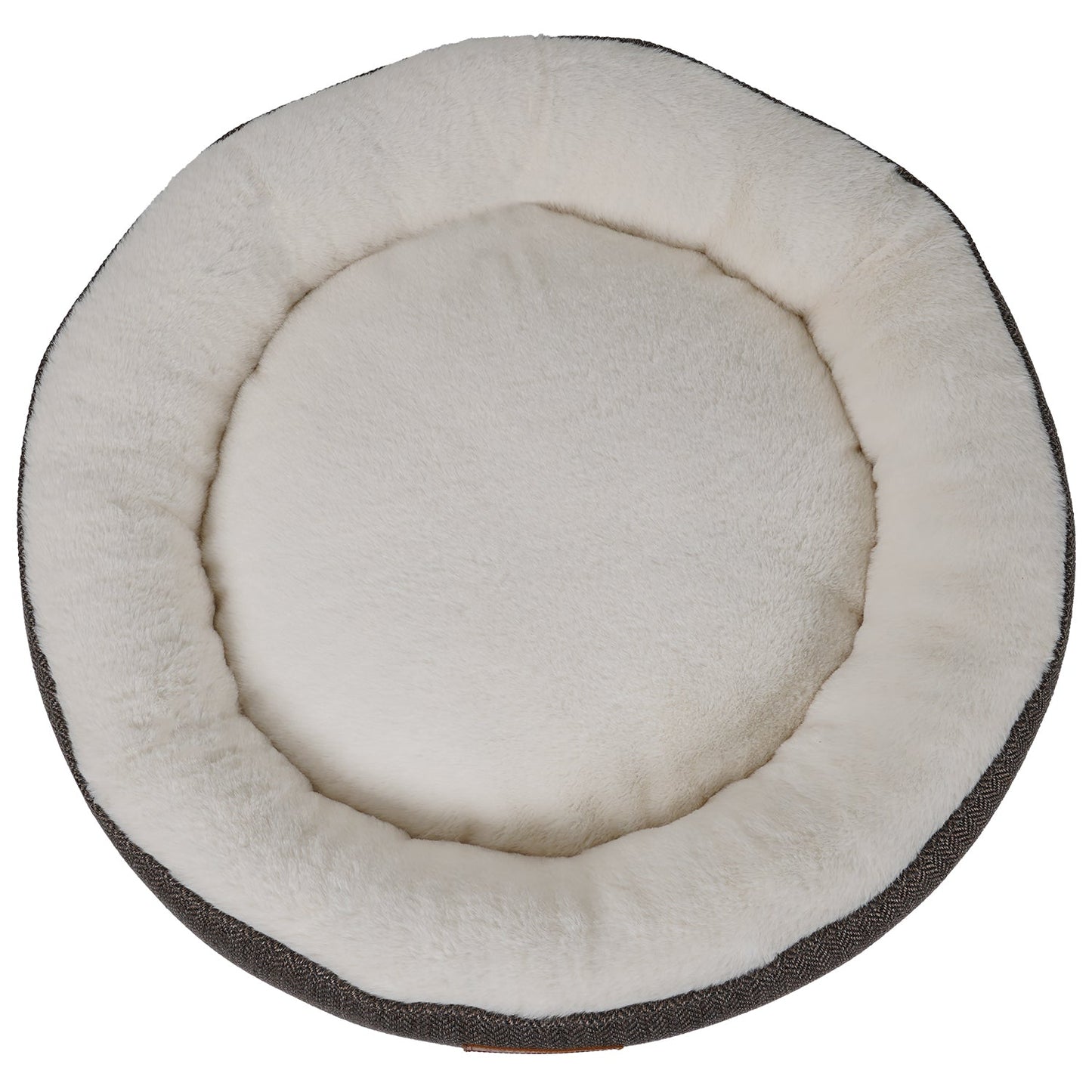 Round pet bed with white interior and gray exterior on a white background