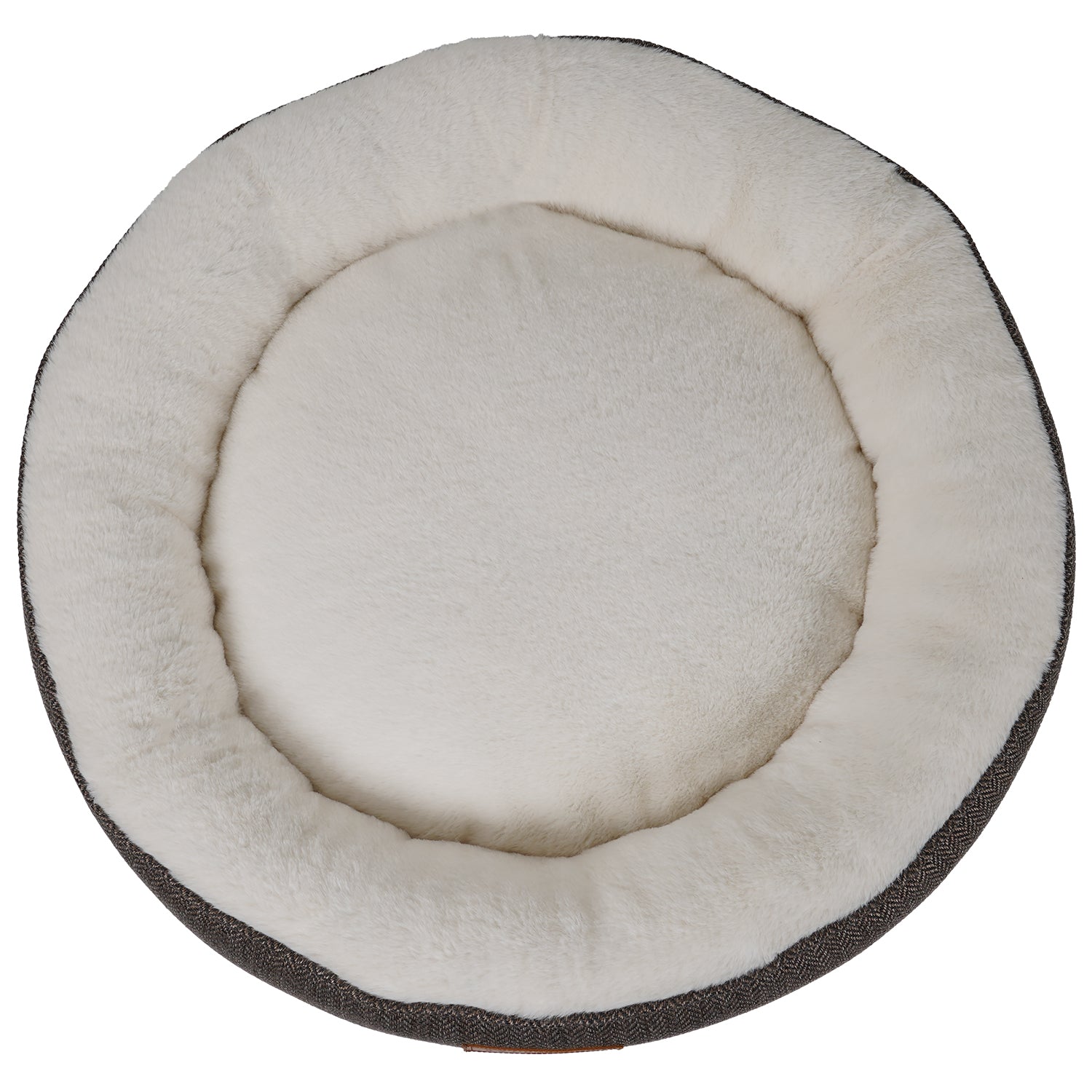 Round pet bed with white interior and gray exterior on a white background