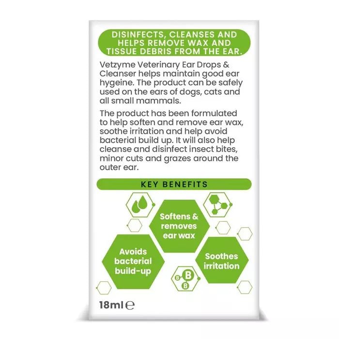Vetzyme Antibacterial Ear Drops | Ear Cleaner for Dogs, Cats & Small Pets 18ml - Poochella®