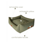Green pet bed with text indicating removable cover, orthopedic pillow, and comfortable handle on a white background.