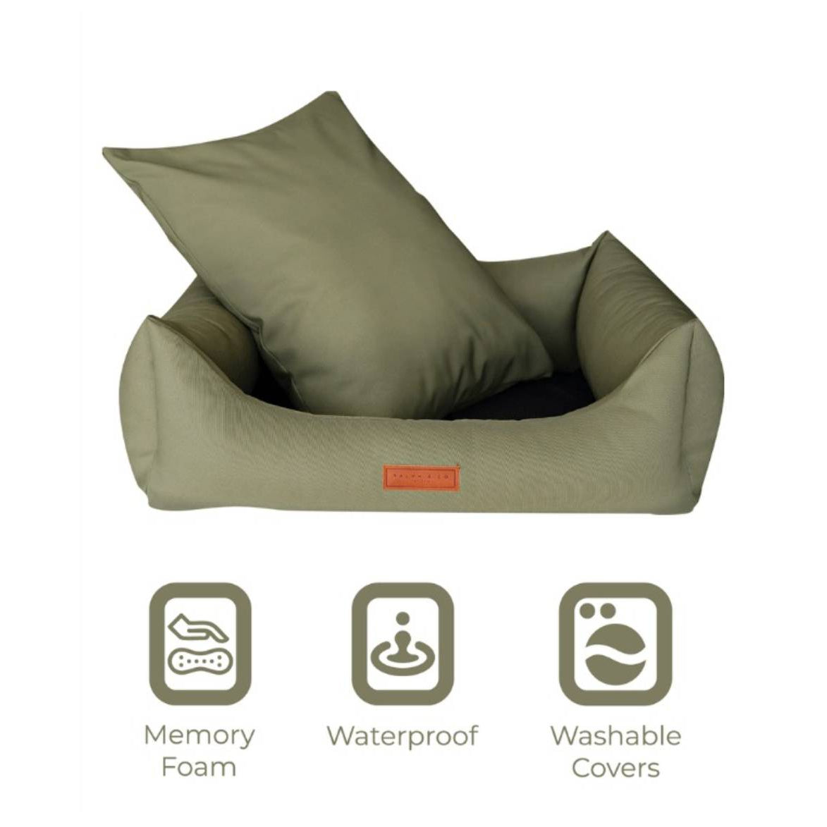 Green pet bed with features highlighted on a white background