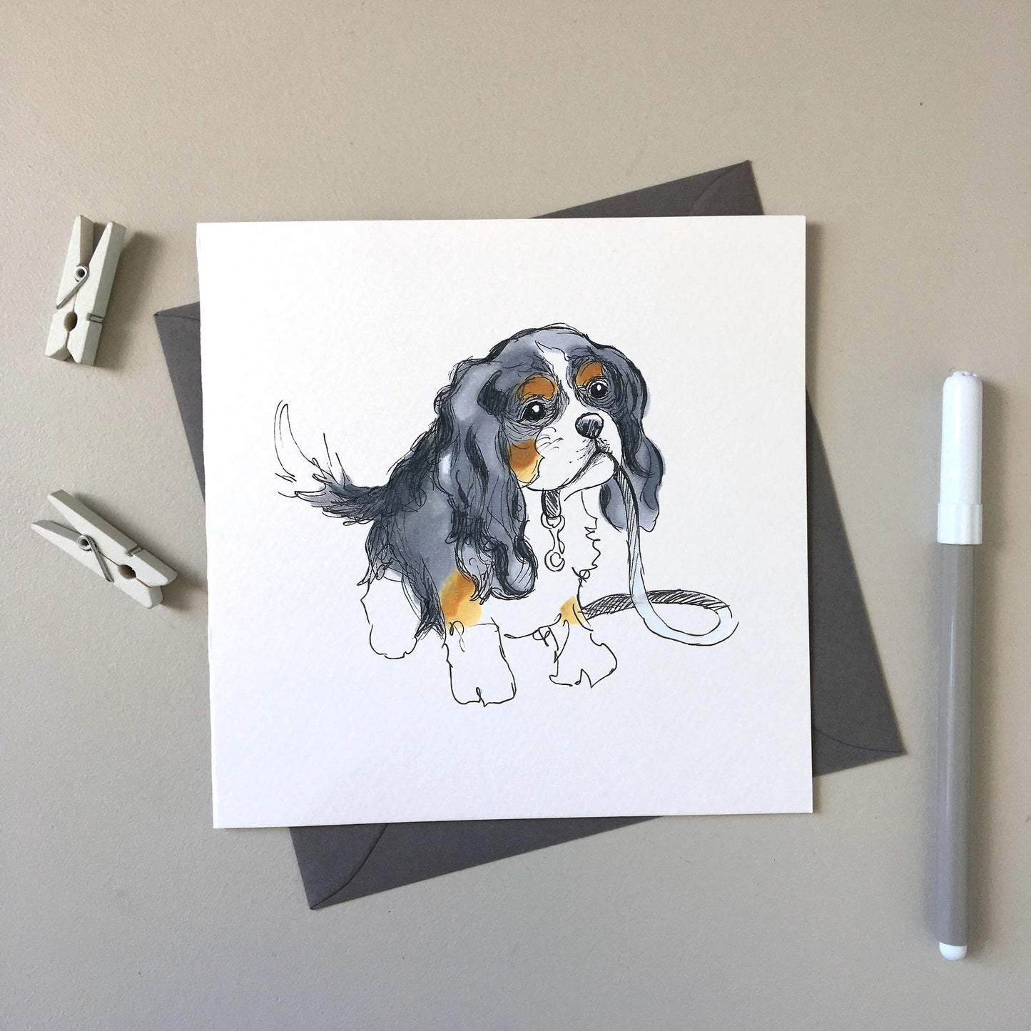 Hand Drawn Greetings Card Cavalier King Charles by SJ Vickery Designs