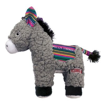 A plush KONG Sherps Donkey dog toy in gray with multicolored trim